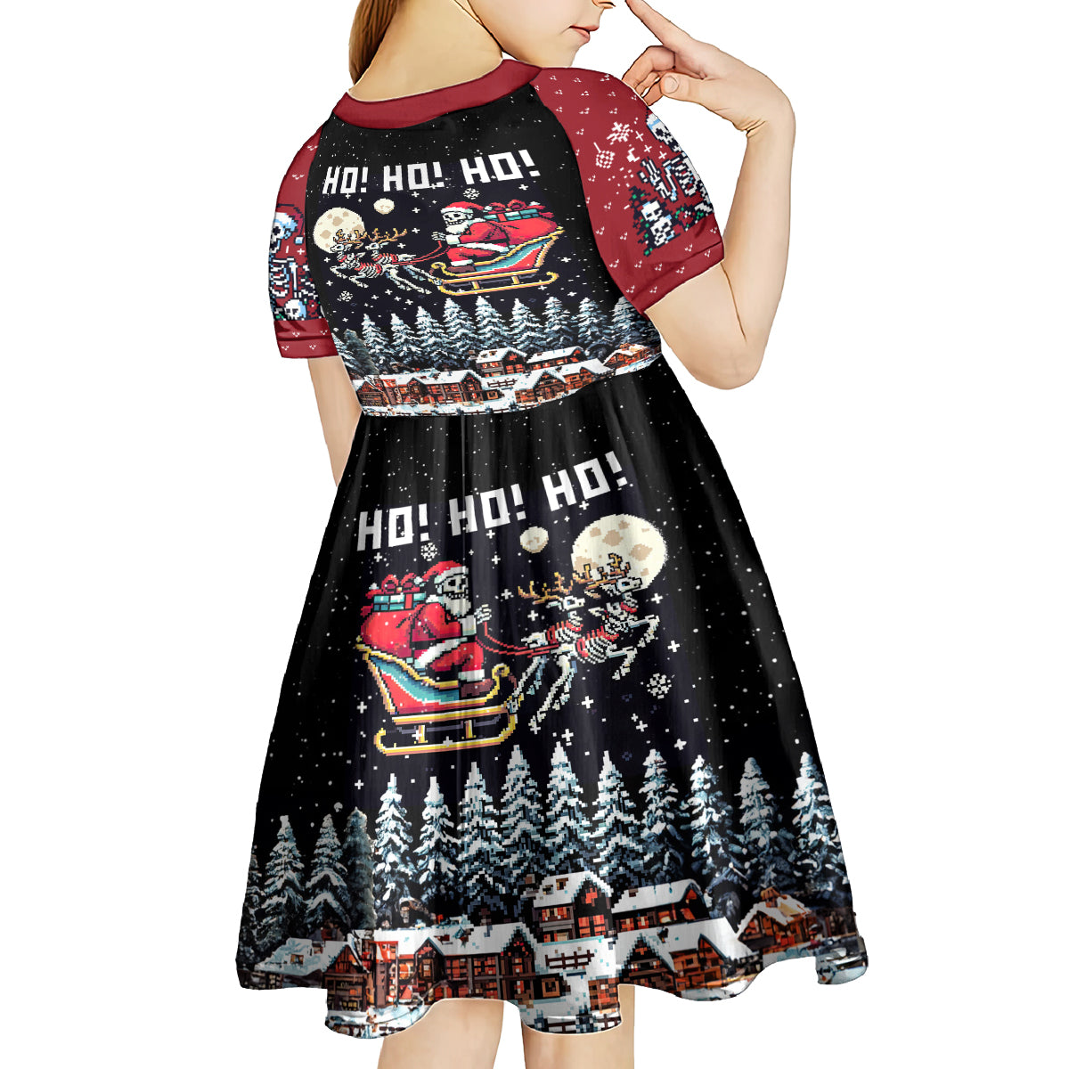 Skeleton Santa Claus Kid Short Sleeve Dress Santa Is Coming Ho Ho Ho - Wonder Print Shop