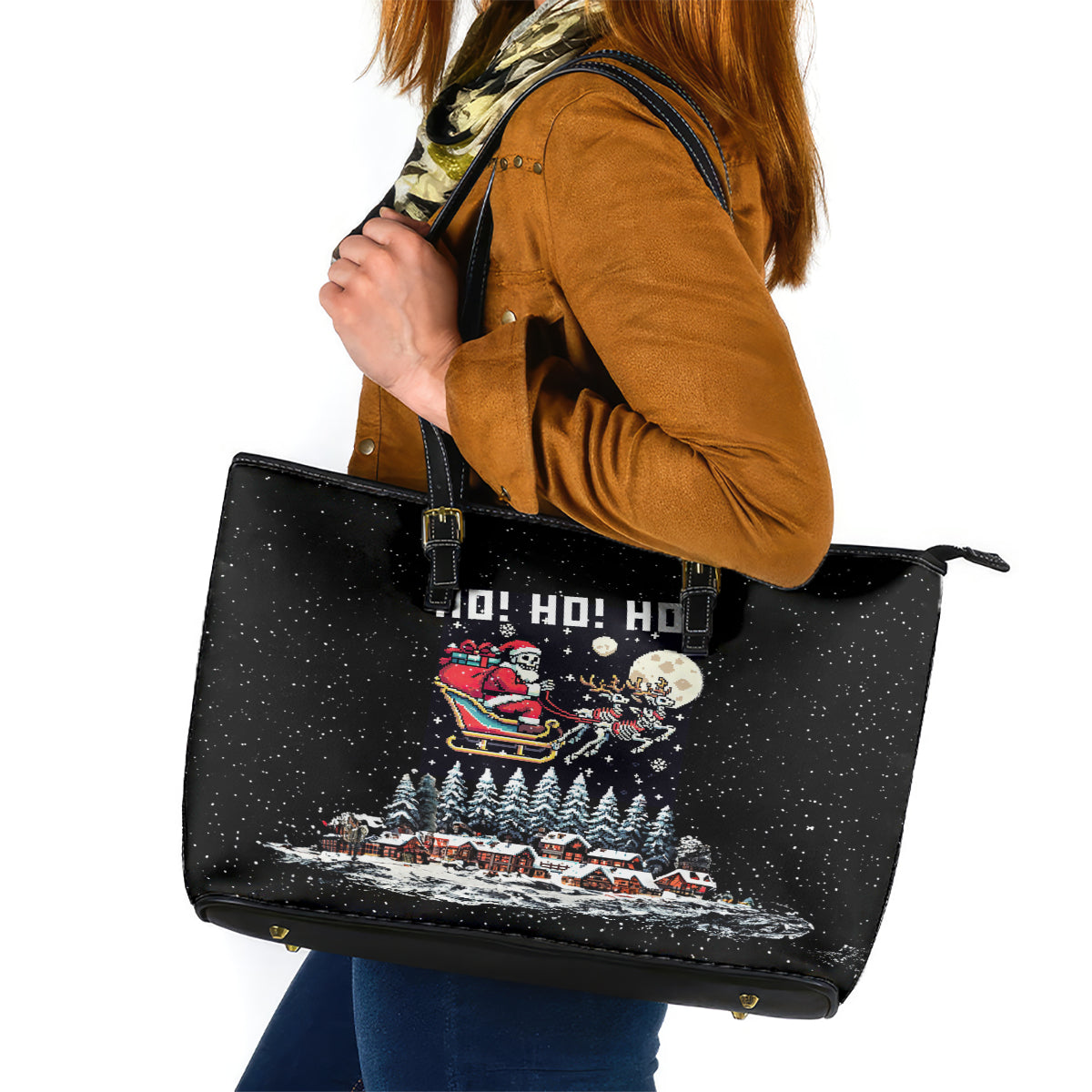 Skeleton Santa Claus Leather Tote Bag Santa Is Coming Ho Ho Ho - Wonder Print Shop