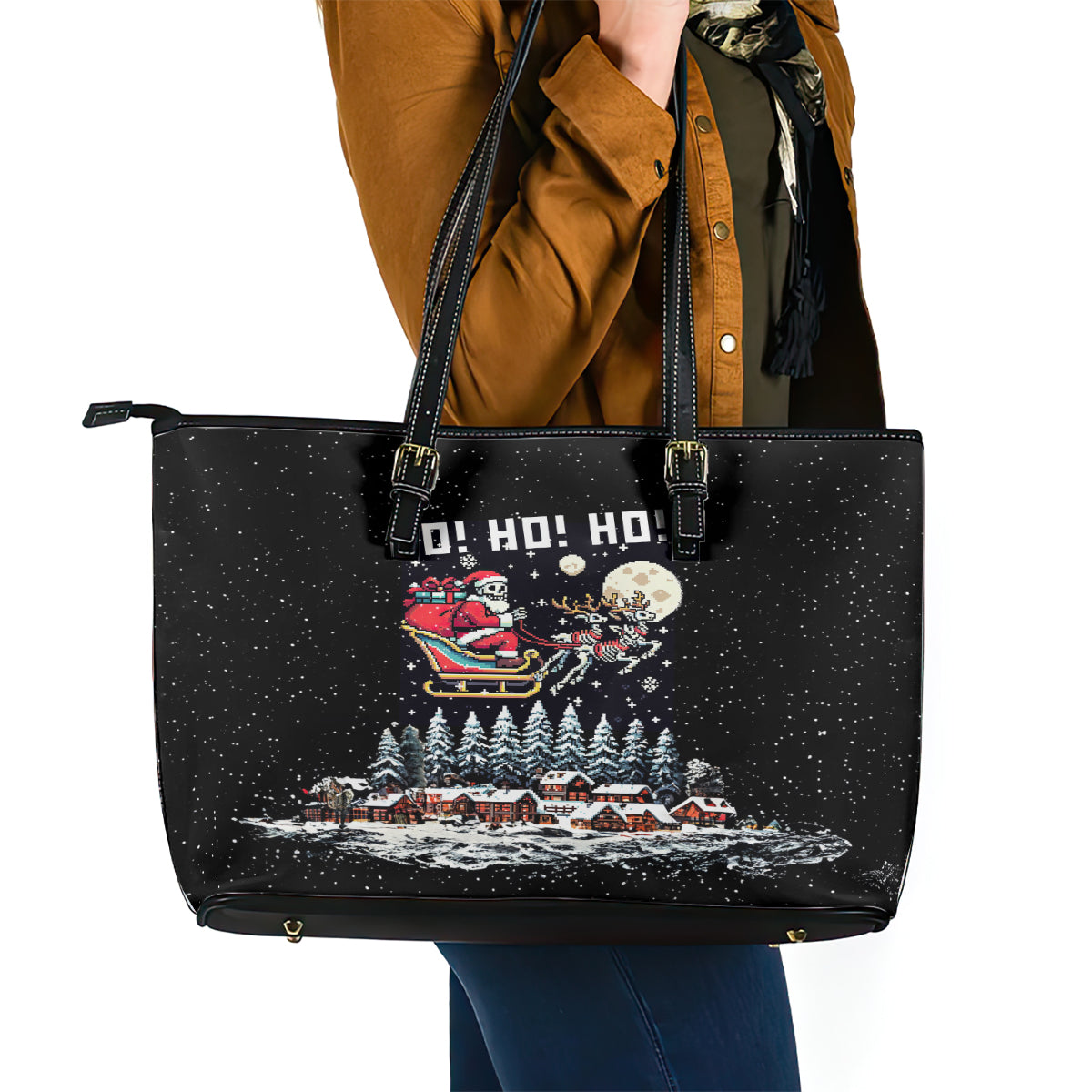 Skeleton Santa Claus Leather Tote Bag Santa Is Coming Ho Ho Ho - Wonder Print Shop
