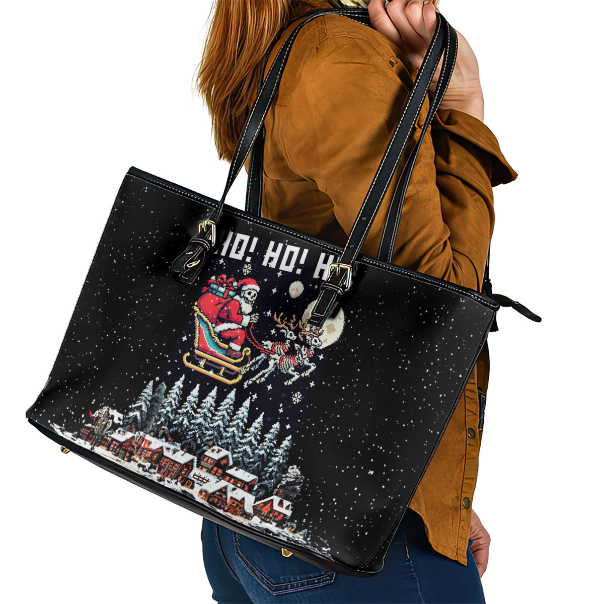 Skeleton Santa Claus Leather Tote Bag Santa Is Coming Ho Ho Ho - Wonder Print Shop