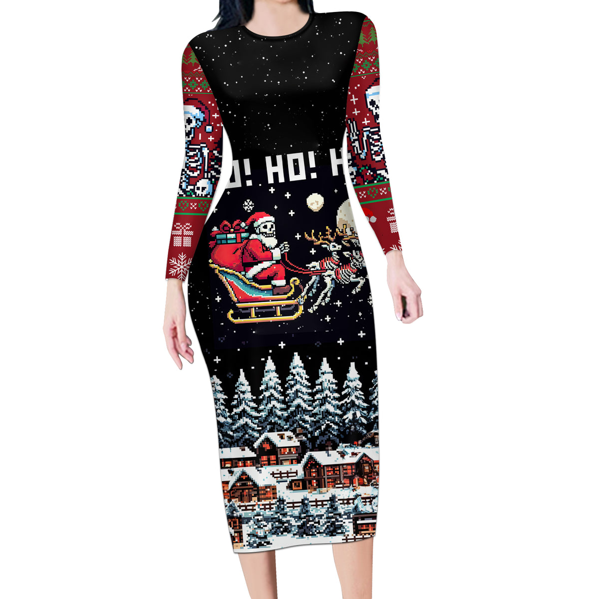 Skeleton Santa Claus Long Sleeve Bodycon Dress Santa Is Coming Ho Ho Ho - Wonder Print Shop