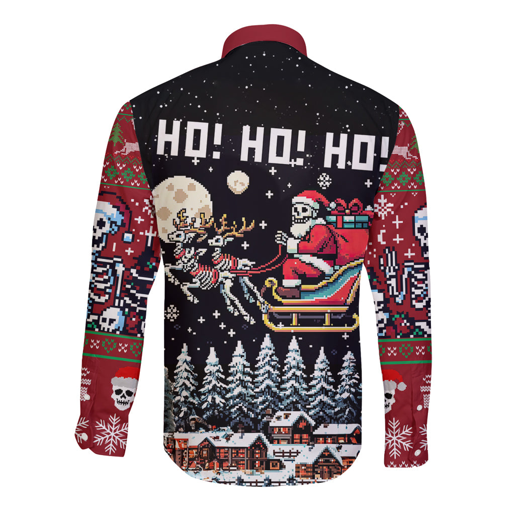 Skeleton Santa Claus Long Sleeve Button Shirt Santa Is Coming Ho Ho Ho - Wonder Print Shop