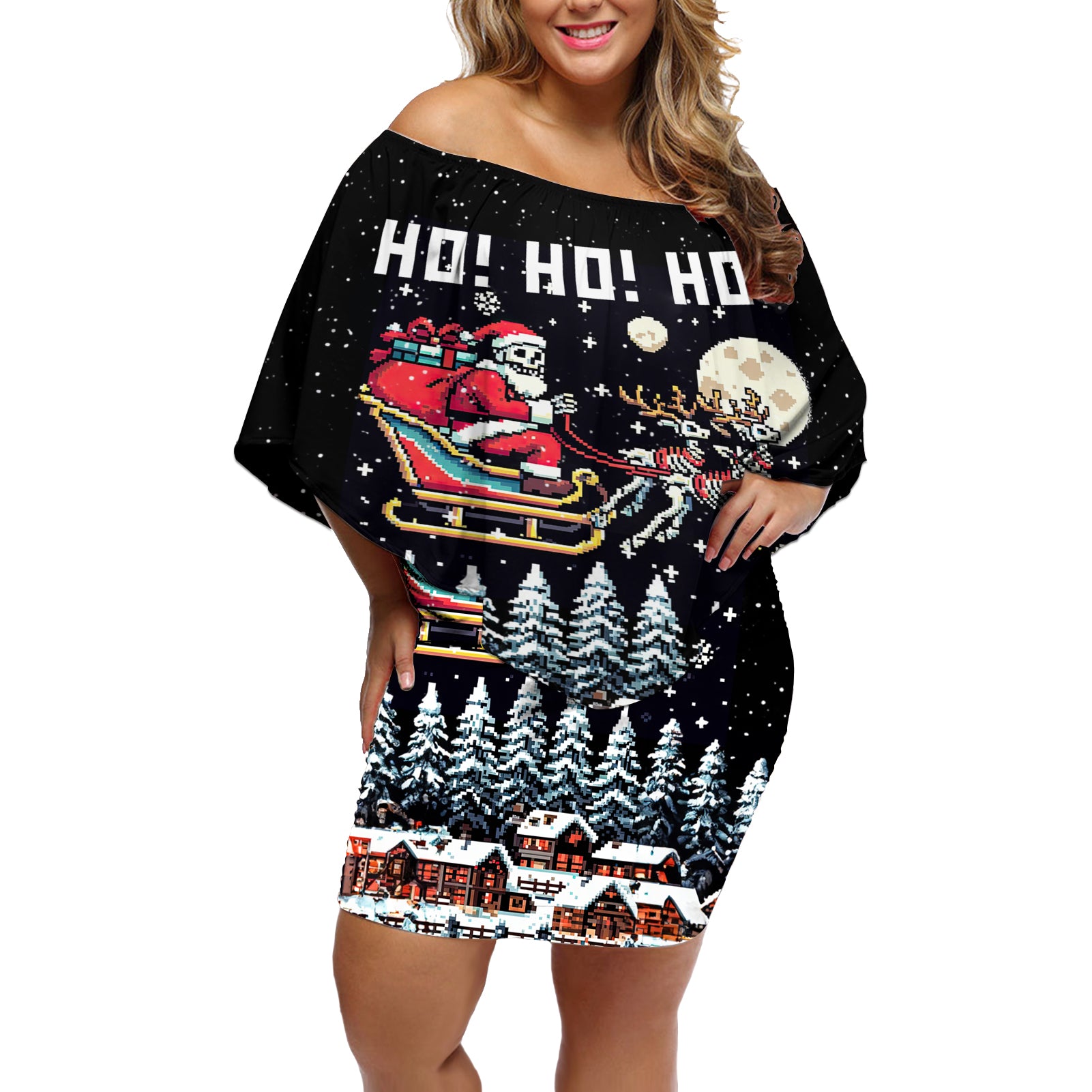 Skeleton Santa Claus Off Shoulder Short Dress Santa Is Coming Ho Ho Ho - Wonder Print Shop
