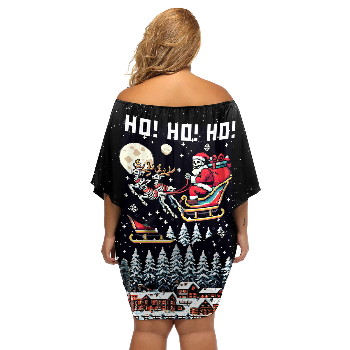 Skeleton Santa Claus Off Shoulder Short Dress Santa Is Coming Ho Ho Ho - Wonder Print Shop