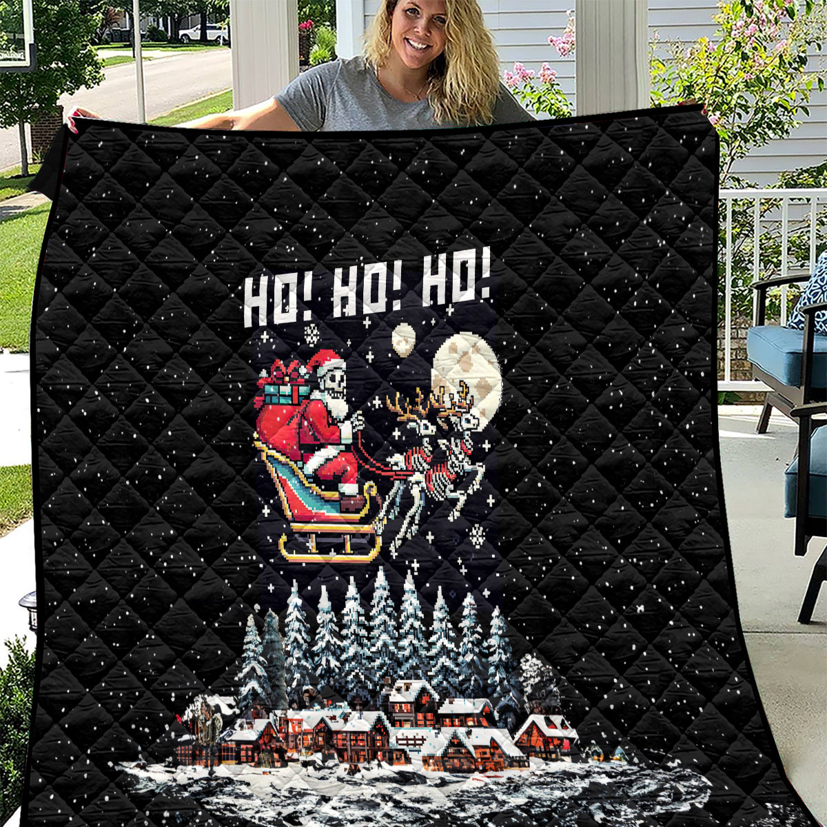 Skeleton Santa Claus Quilt Santa Is Coming Ho Ho Ho - Wonder Print Shop