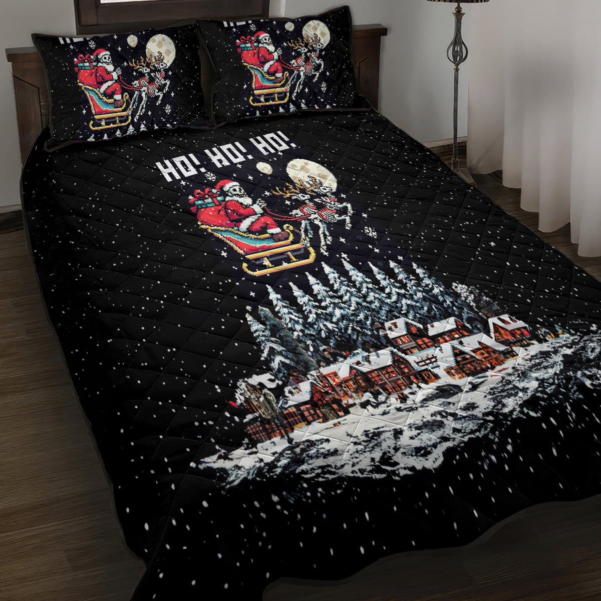 Skeleton Santa Claus Quilt Bed Set Santa Is Coming Ho Ho Ho - Wonder Print Shop