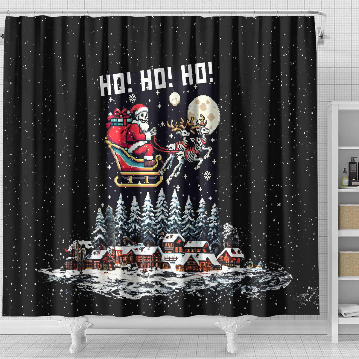 skeleton-santa-claus-shower-curtain-santa-is-coming-ho-ho-ho