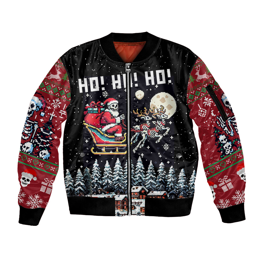 Skeleton Santa Claus Sleeve Zip Bomber Jacket Santa Is Coming Ho Ho Ho - Wonder Print Shop