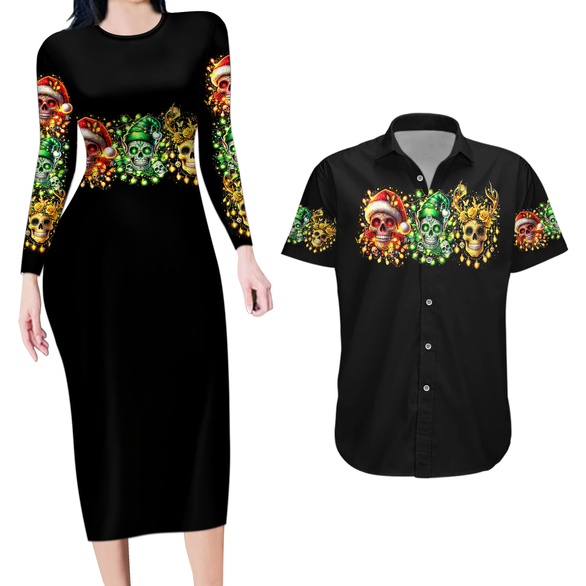 Sugar Skull Santa Couples Matching Long Sleeve Bodycon Dress and Hawaiian Shirt Sugar Skull Ho Ho Ho - Wonder Print Shop
