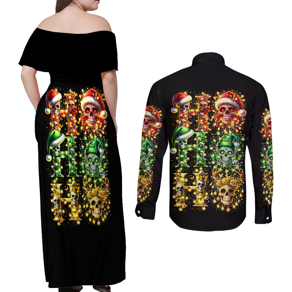Sugar Skull Santa Couples Matching Off Shoulder Maxi Dress and Long Sleeve Button Shirt Sugar Skull Ho Ho Ho - Wonder Print Shop