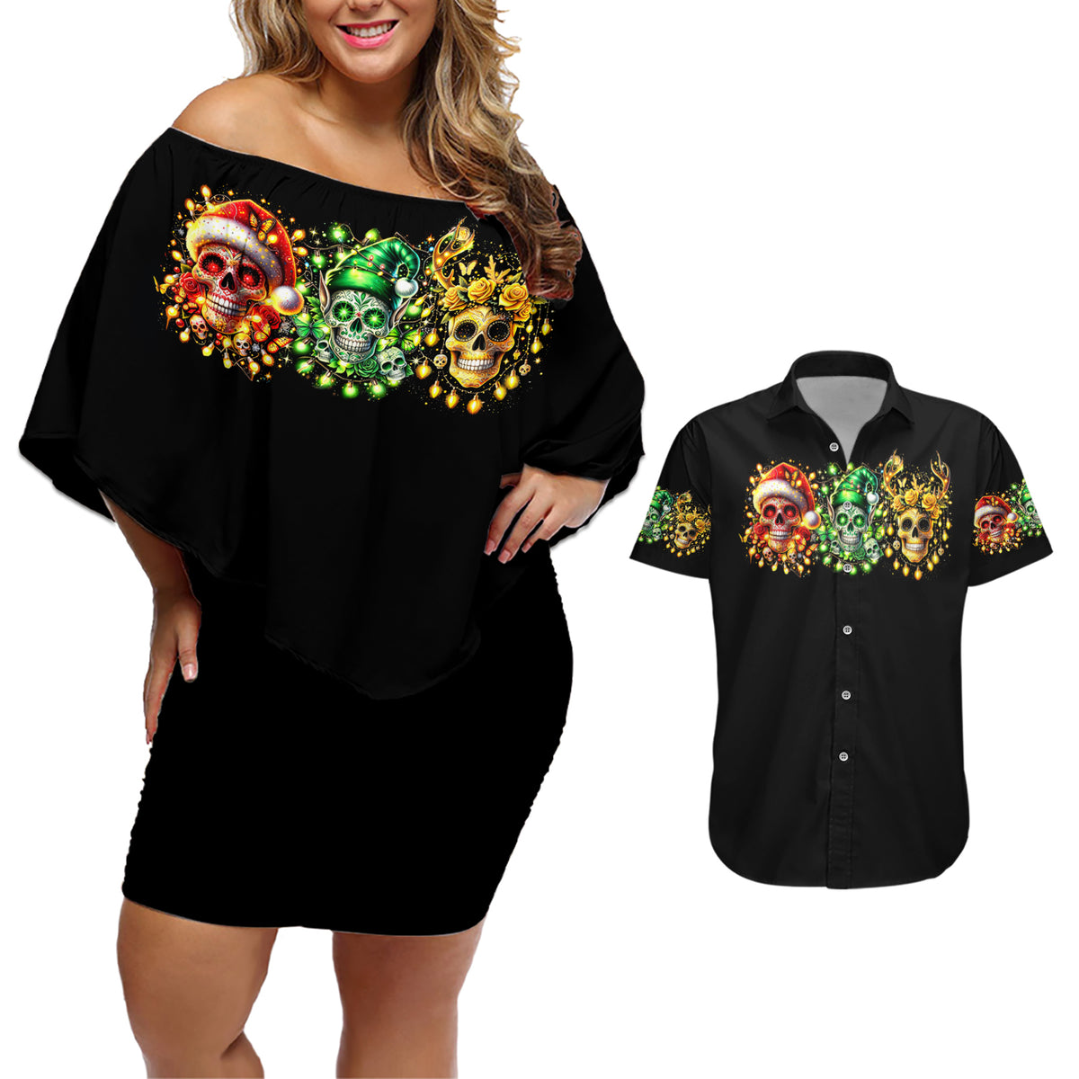 Sugar Skull Santa Couples Matching Off Shoulder Short Dress and Hawaiian Shirt Sugar Skull Ho Ho Ho - Wonder Print Shop
