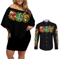 Sugar Skull Santa Couples Matching Off Shoulder Short Dress and Long Sleeve Button Shirt Sugar Skull Ho Ho Ho - Wonder Print Shop