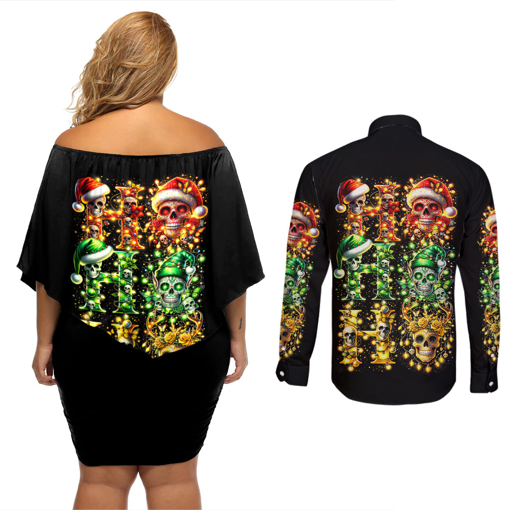Sugar Skull Santa Couples Matching Off Shoulder Short Dress and Long Sleeve Button Shirt Sugar Skull Ho Ho Ho - Wonder Print Shop