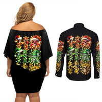 Sugar Skull Santa Couples Matching Off Shoulder Short Dress and Long Sleeve Button Shirt Sugar Skull Ho Ho Ho - Wonder Print Shop