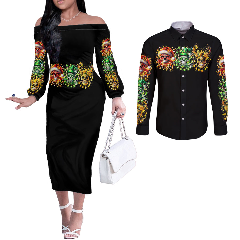 sugar-skull-santa-couples-matching-off-the-shoulder-long-sleeve-dress-and-long-sleeve-button-shirt-sugar-skull-ho-ho-ho