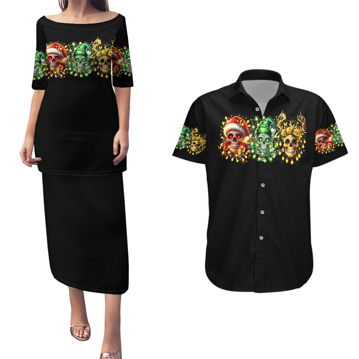 Sugar Skull Santa Couples Matching Puletasi Dress and Hawaiian Shirt Sugar Skull Ho Ho Ho - Wonder Print Shop