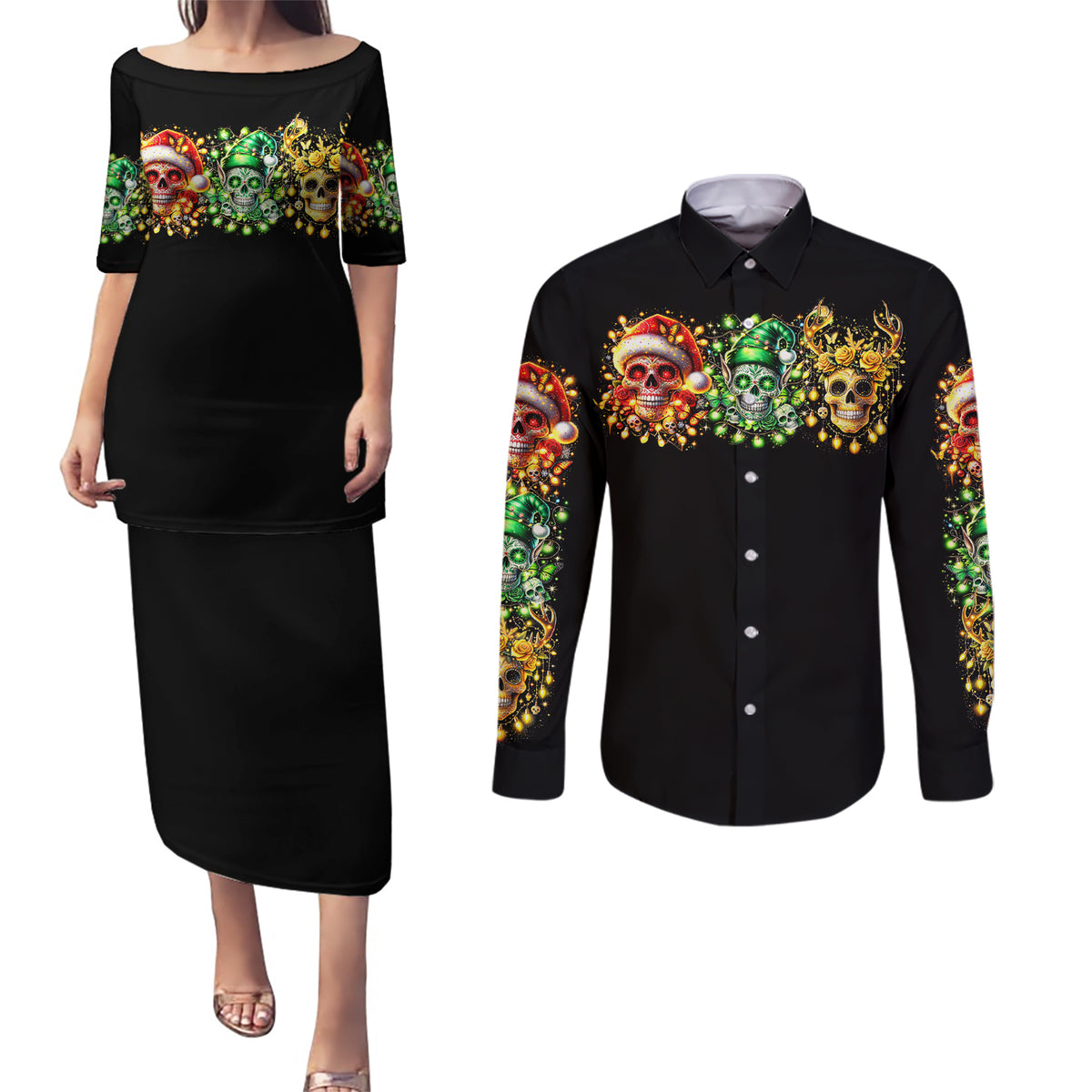 Sugar Skull Santa Couples Matching Puletasi Dress and Long Sleeve Button Shirt Sugar Skull Ho Ho Ho - Wonder Print Shop