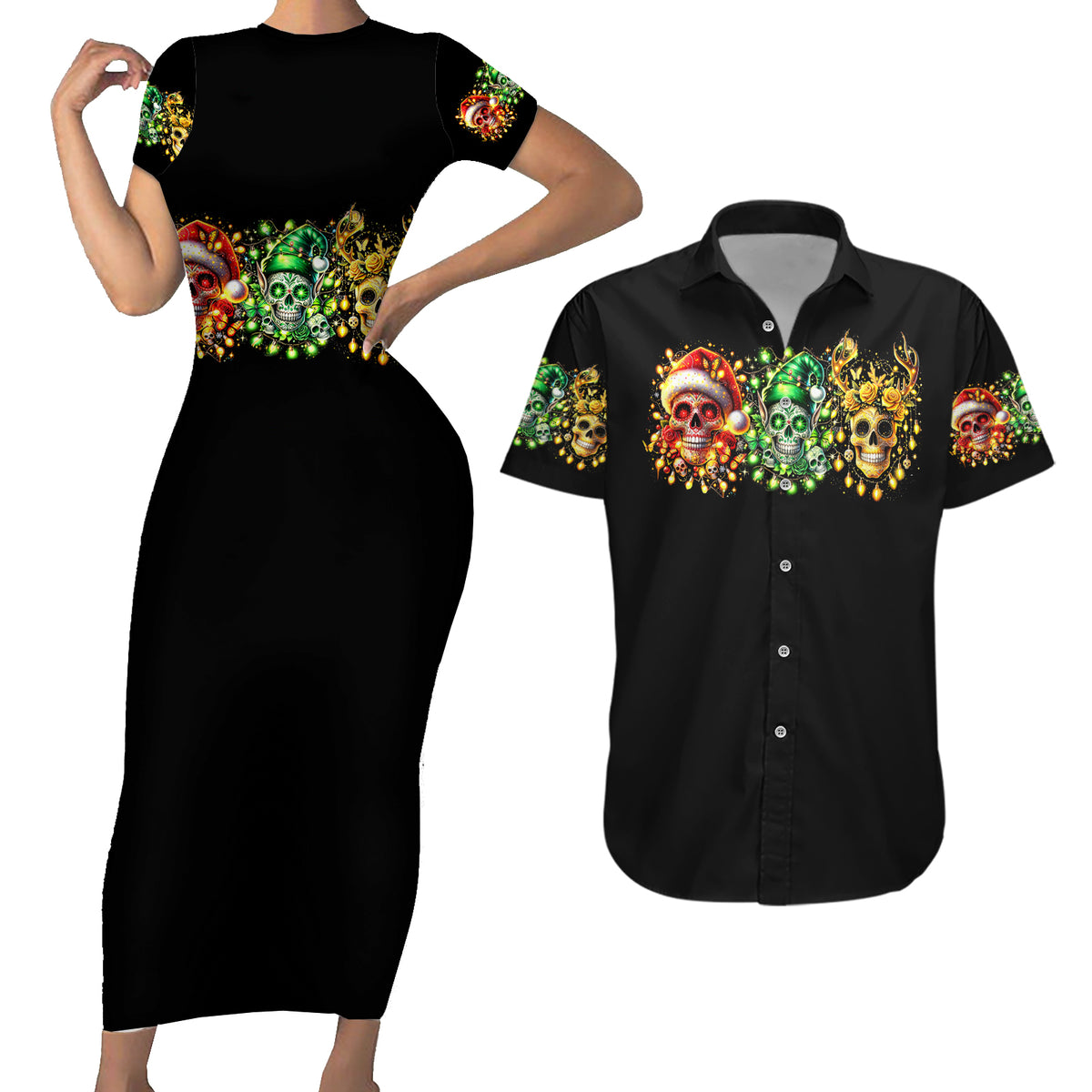Sugar Skull Santa Couples Matching Short Sleeve Bodycon Dress and Hawaiian Shirt Sugar Skull Ho Ho Ho - Wonder Print Shop