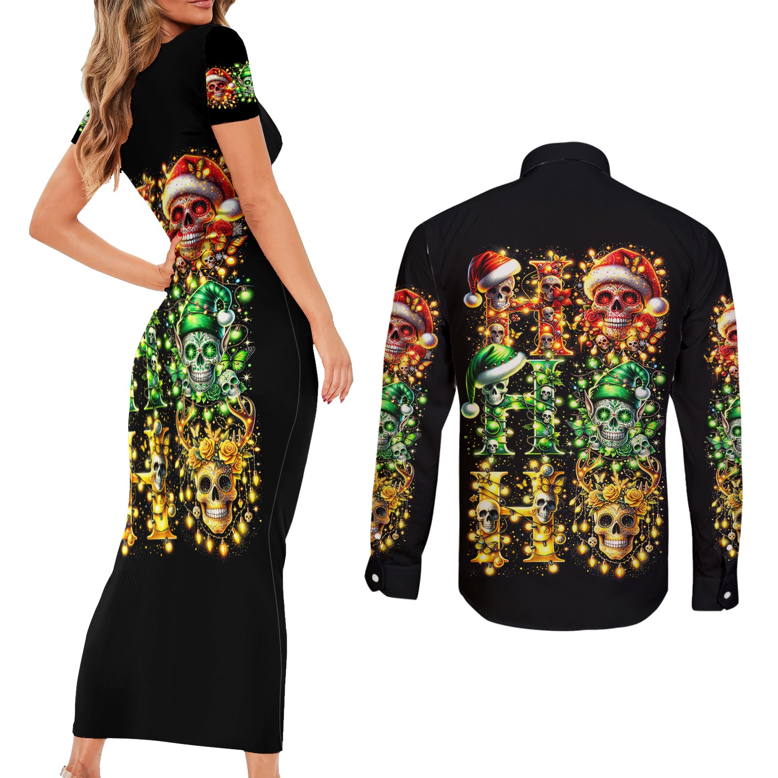 Sugar Skull Santa Couples Matching Short Sleeve Bodycon Dress and Long Sleeve Button Shirt Sugar Skull Ho Ho Ho - Wonder Print Shop