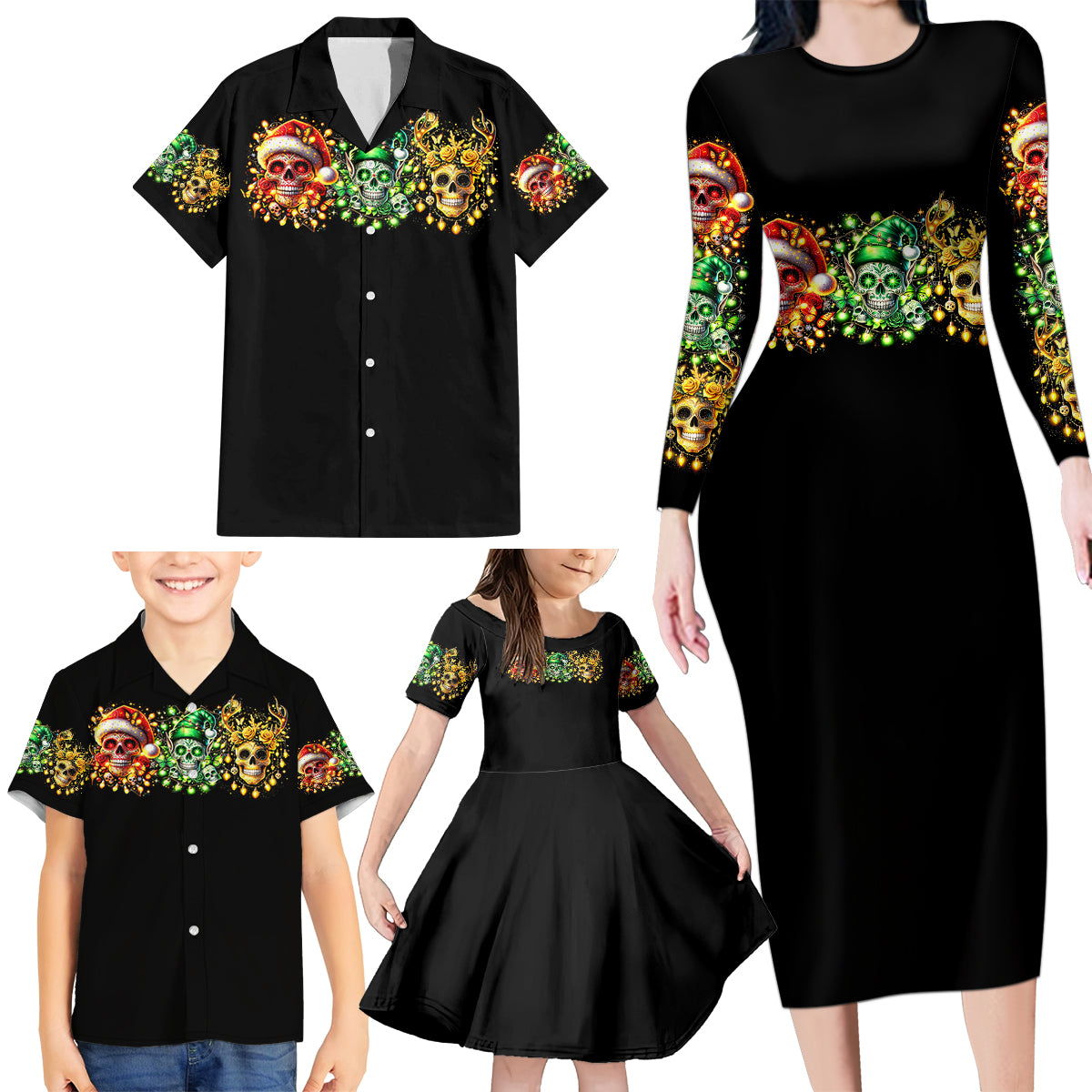 Sugar Skull Santa Family Matching Long Sleeve Bodycon Dress and Hawaiian Shirt Sugar Skull Ho Ho Ho - Wonder Print Shop