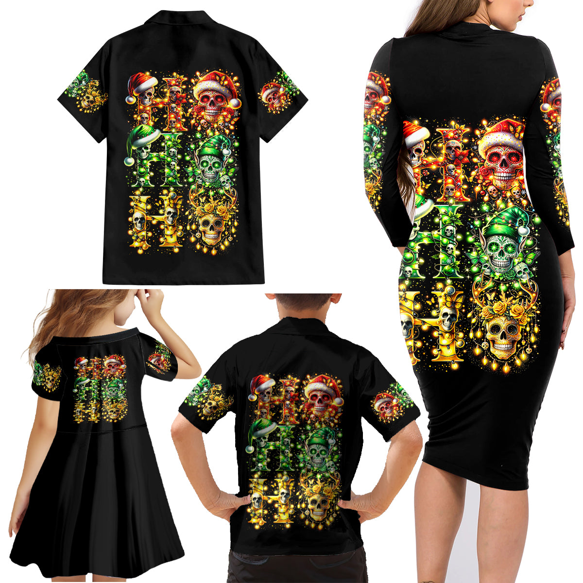 Sugar Skull Santa Family Matching Long Sleeve Bodycon Dress and Hawaiian Shirt Sugar Skull Ho Ho Ho - Wonder Print Shop