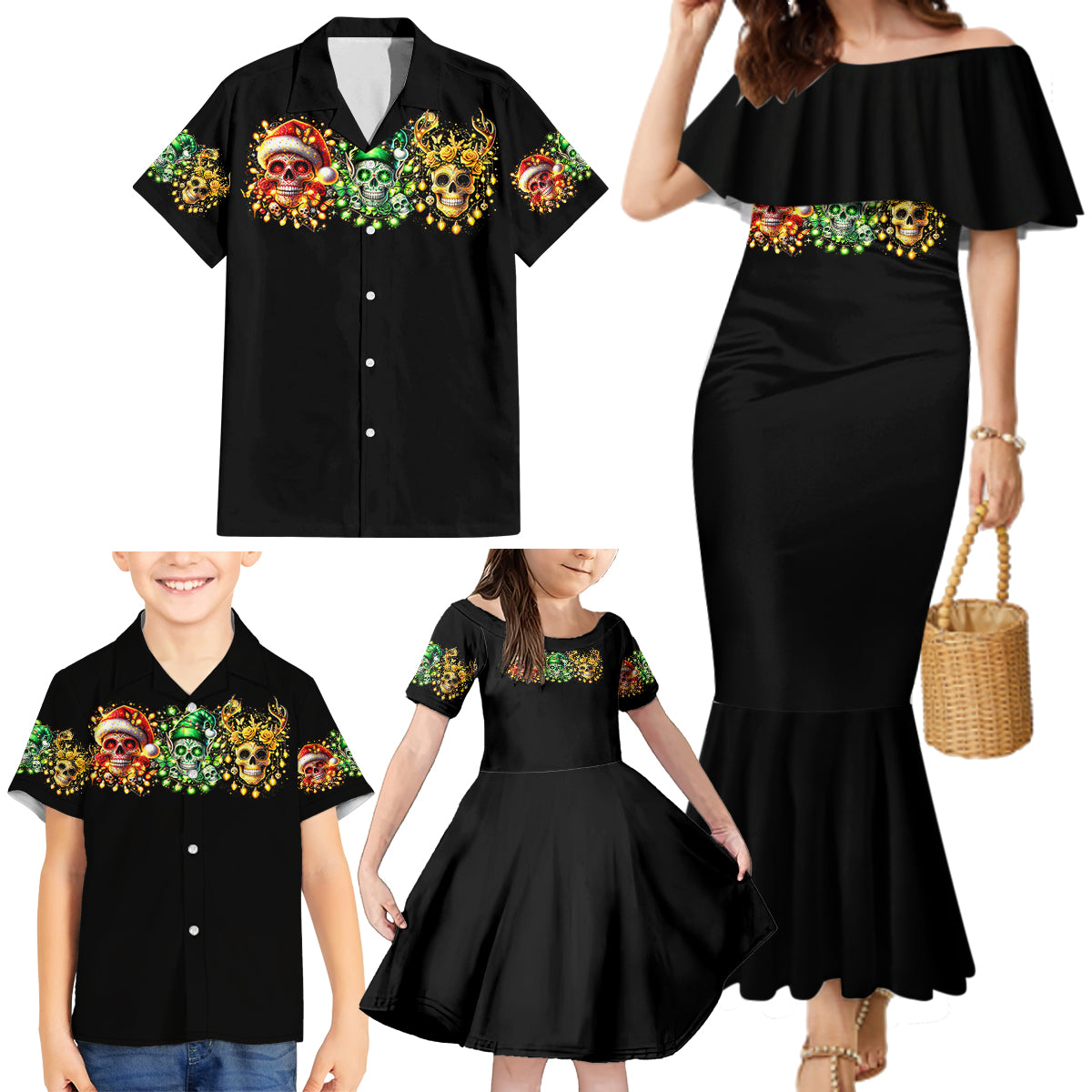 Sugar Skull Santa Family Matching Mermaid Dress and Hawaiian Shirt Sugar Skull Ho Ho Ho - Wonder Print Shop
