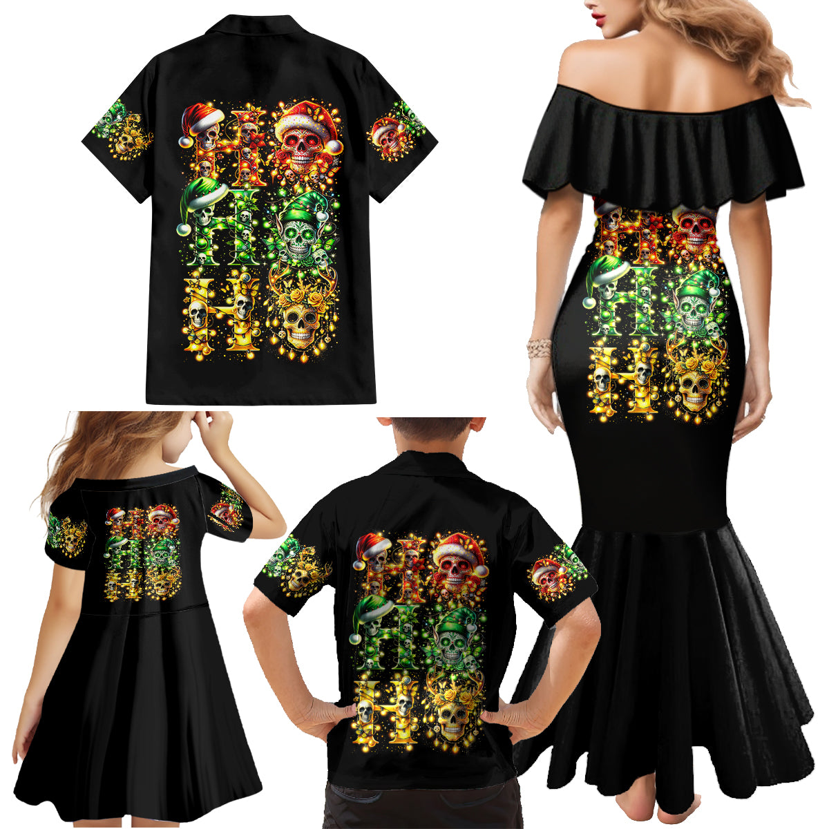 Sugar Skull Santa Family Matching Mermaid Dress and Hawaiian Shirt Sugar Skull Ho Ho Ho - Wonder Print Shop