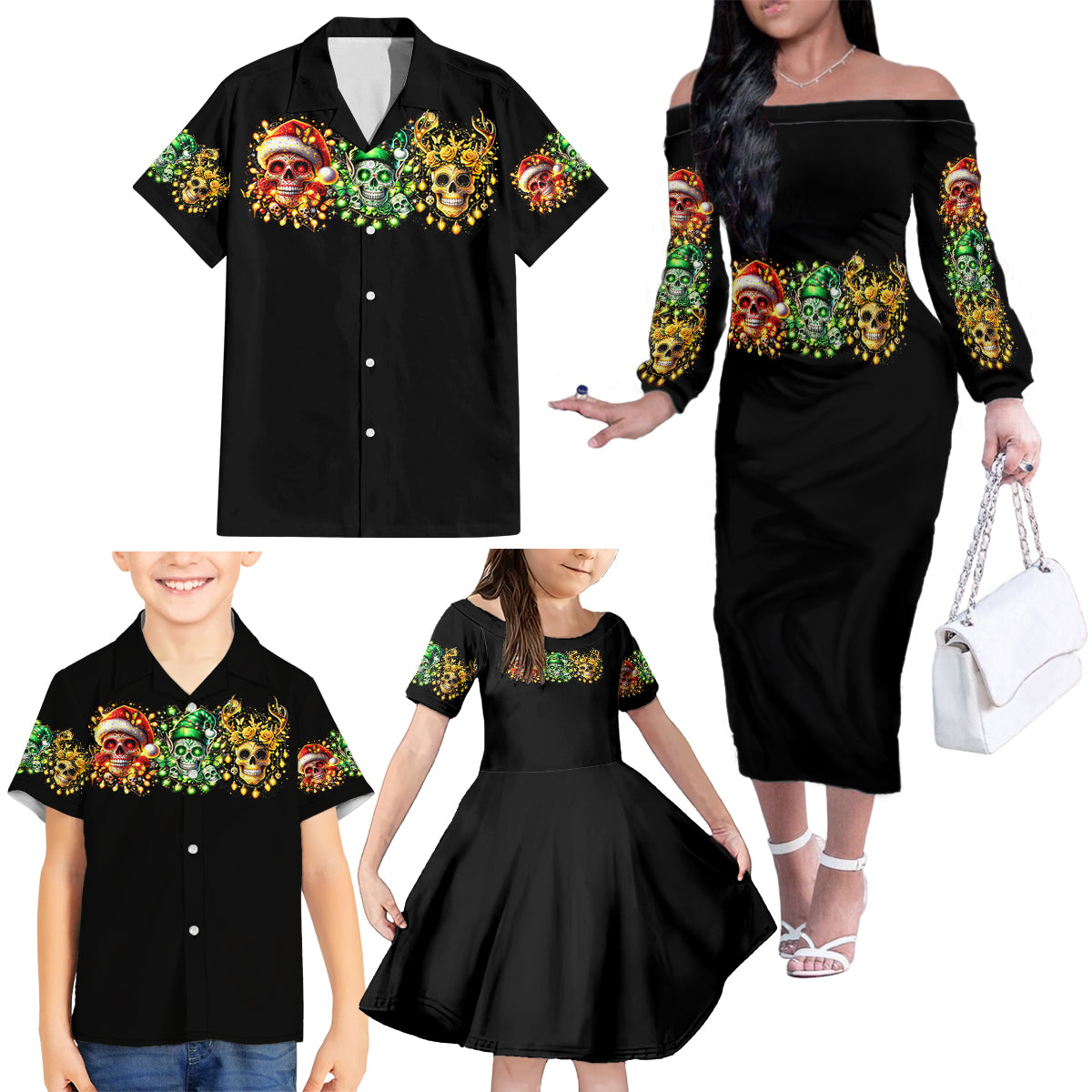 Sugar Skull Santa Family Matching Off Shoulder Long Sleeve Dress and Hawaiian Shirt Sugar Skull Ho Ho Ho - Wonder Print Shop