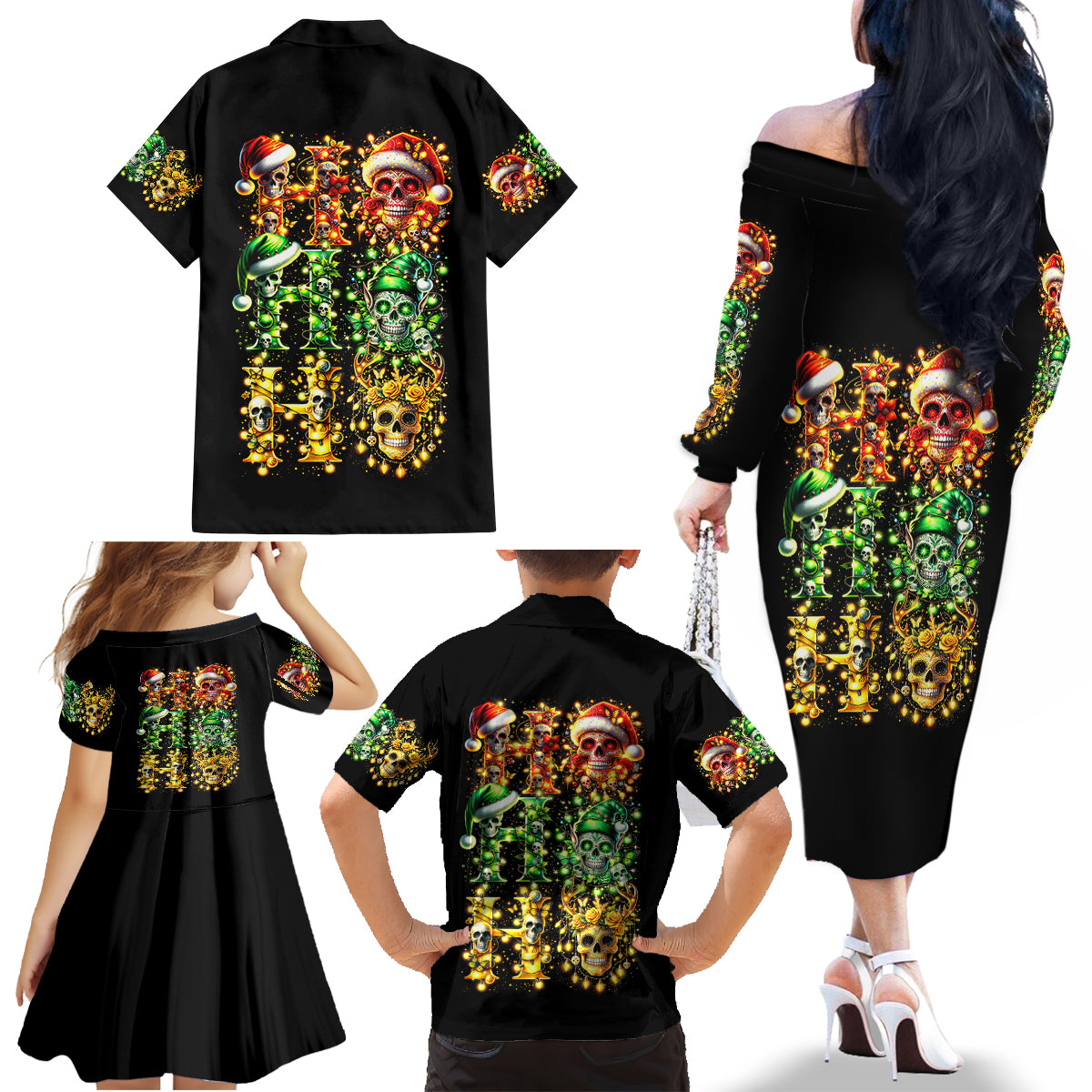 Sugar Skull Santa Family Matching Off Shoulder Long Sleeve Dress and Hawaiian Shirt Sugar Skull Ho Ho Ho - Wonder Print Shop