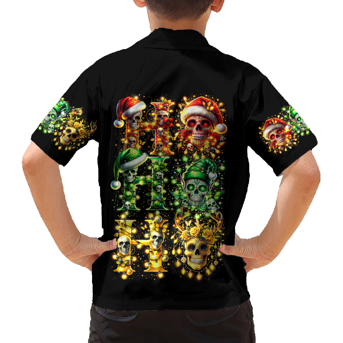 Sugar Skull Santa Family Matching Off Shoulder Maxi Dress and Hawaiian Shirt Sugar Skull Ho Ho Ho - Wonder Print Shop