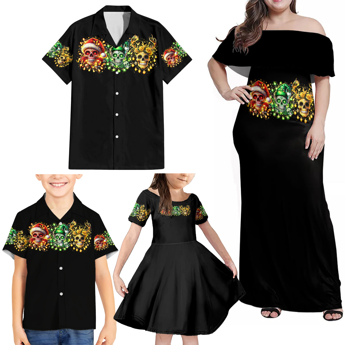 Sugar Skull Santa Family Matching Off Shoulder Maxi Dress and Hawaiian Shirt Sugar Skull Ho Ho Ho - Wonder Print Shop
