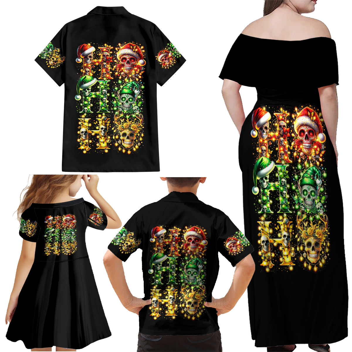 Sugar Skull Santa Family Matching Off Shoulder Maxi Dress and Hawaiian Shirt Sugar Skull Ho Ho Ho - Wonder Print Shop