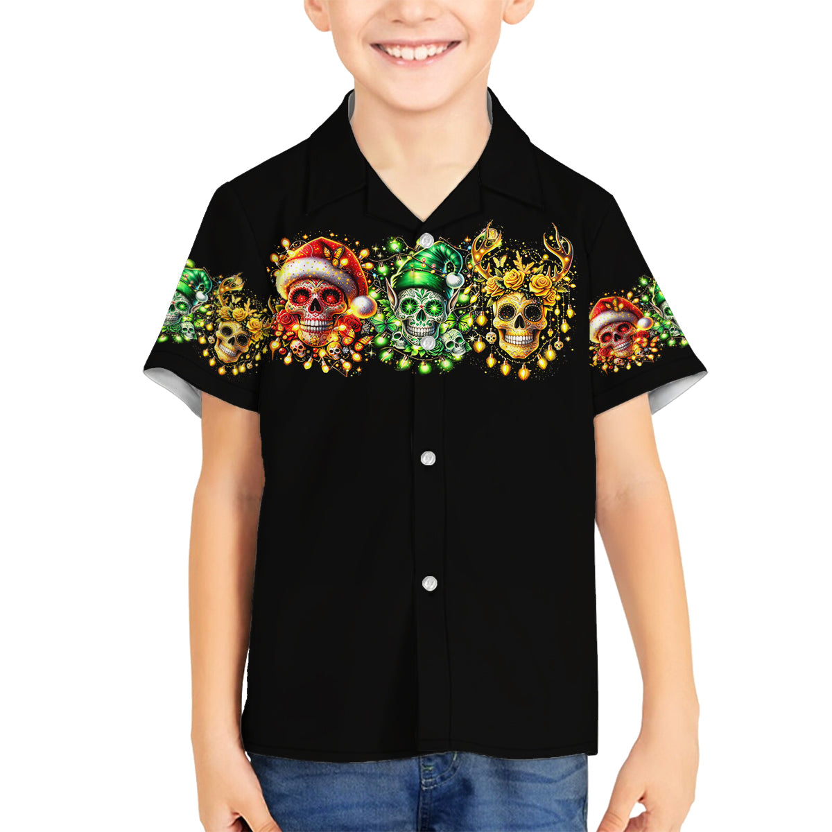 Sugar Skull Santa Family Matching Off Shoulder Maxi Dress and Hawaiian Shirt Sugar Skull Ho Ho Ho - Wonder Print Shop