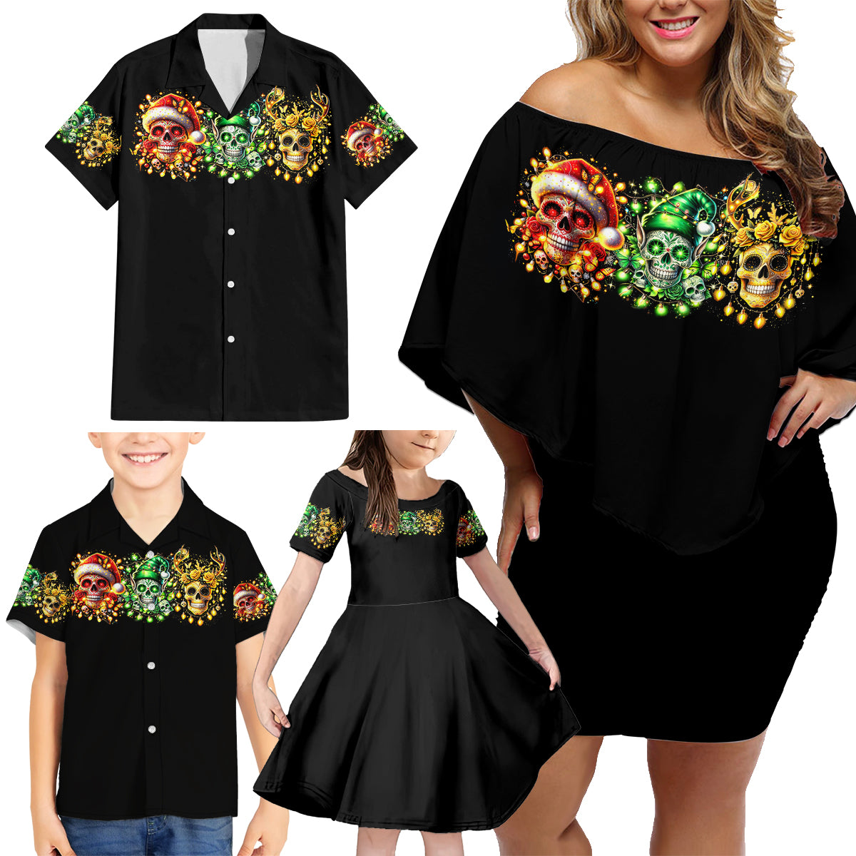 Sugar Skull Santa Family Matching Off Shoulder Short Dress and Hawaiian Shirt Sugar Skull Ho Ho Ho - Wonder Print Shop