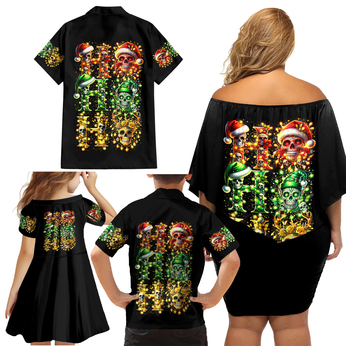 Sugar Skull Santa Family Matching Off Shoulder Short Dress and Hawaiian Shirt Sugar Skull Ho Ho Ho - Wonder Print Shop