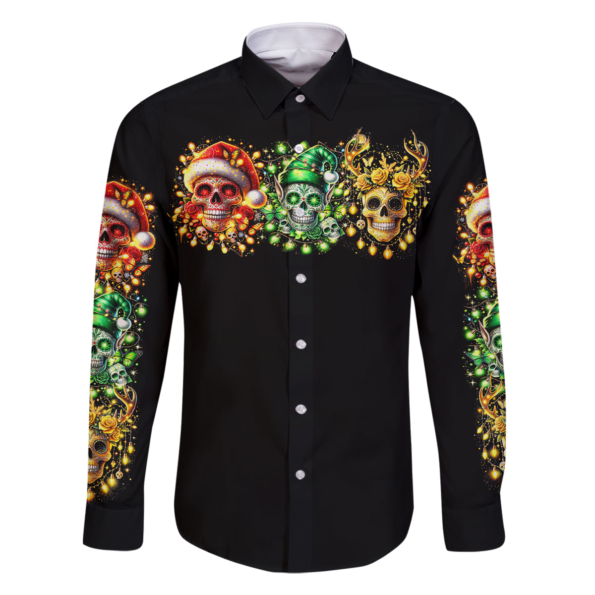 Sugar Skull Santa Family Matching Off Shoulder Short Dress and Hawaiian Shirt Sugar Skull Ho Ho Ho - Wonder Print Shop