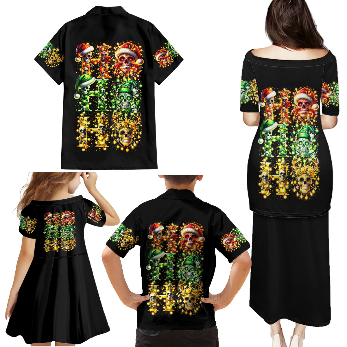 Sugar Skull Santa Family Matching Puletasi Dress and Hawaiian Shirt Sugar Skull Ho Ho Ho - Wonder Print Shop