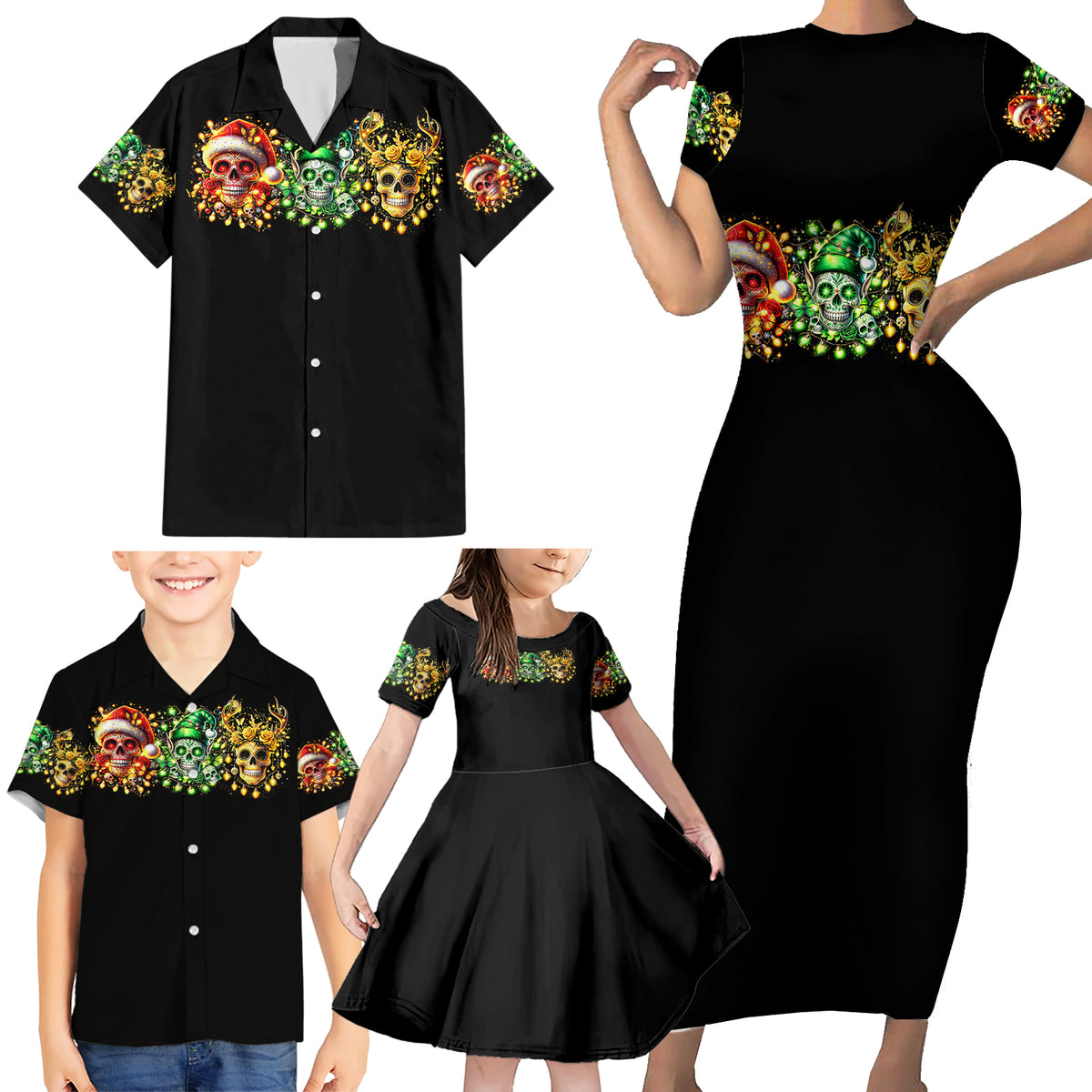 Sugar Skull Santa Family Matching Short Sleeve Bodycon Dress and Hawaiian Shirt Sugar Skull Ho Ho Ho - Wonder Print Shop
