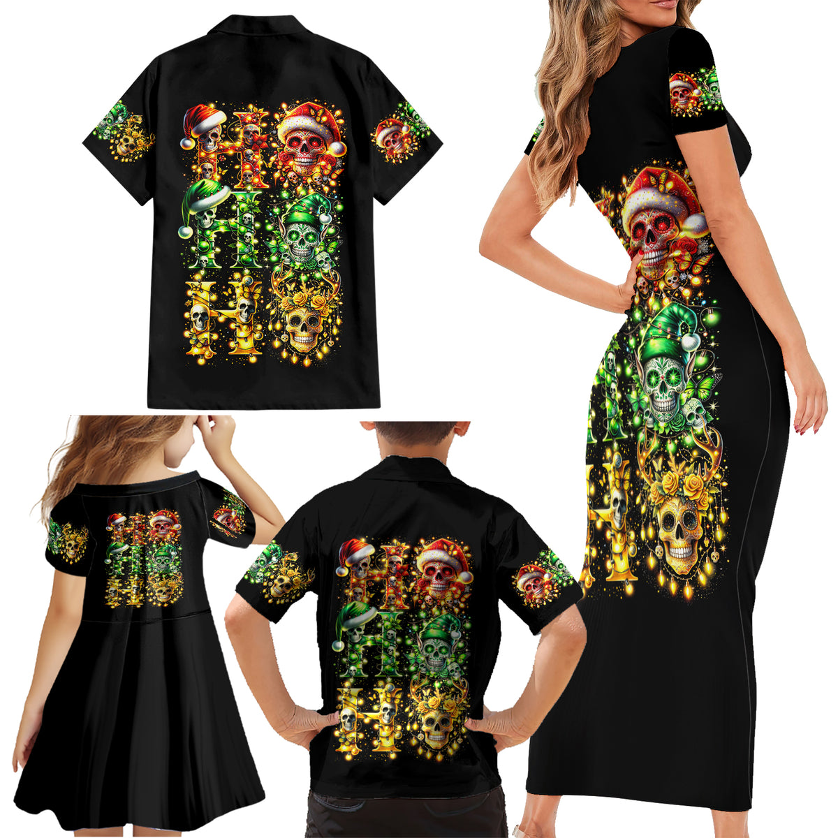 Sugar Skull Santa Family Matching Short Sleeve Bodycon Dress and Hawaiian Shirt Sugar Skull Ho Ho Ho - Wonder Print Shop