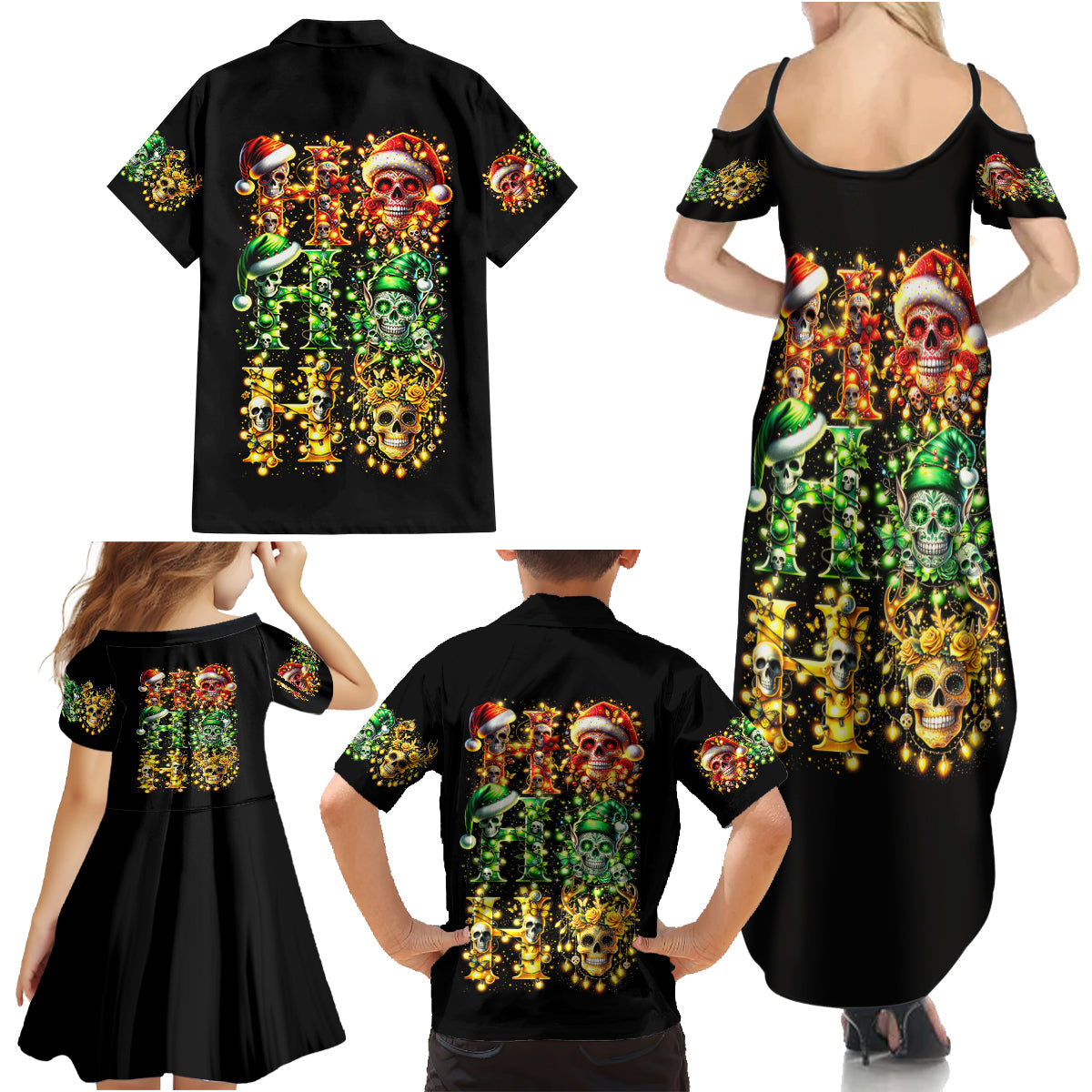 Sugar Skull Santa Family Matching Summer Maxi Dress and Hawaiian Shirt Sugar Skull Ho Ho Ho - Wonder Print Shop