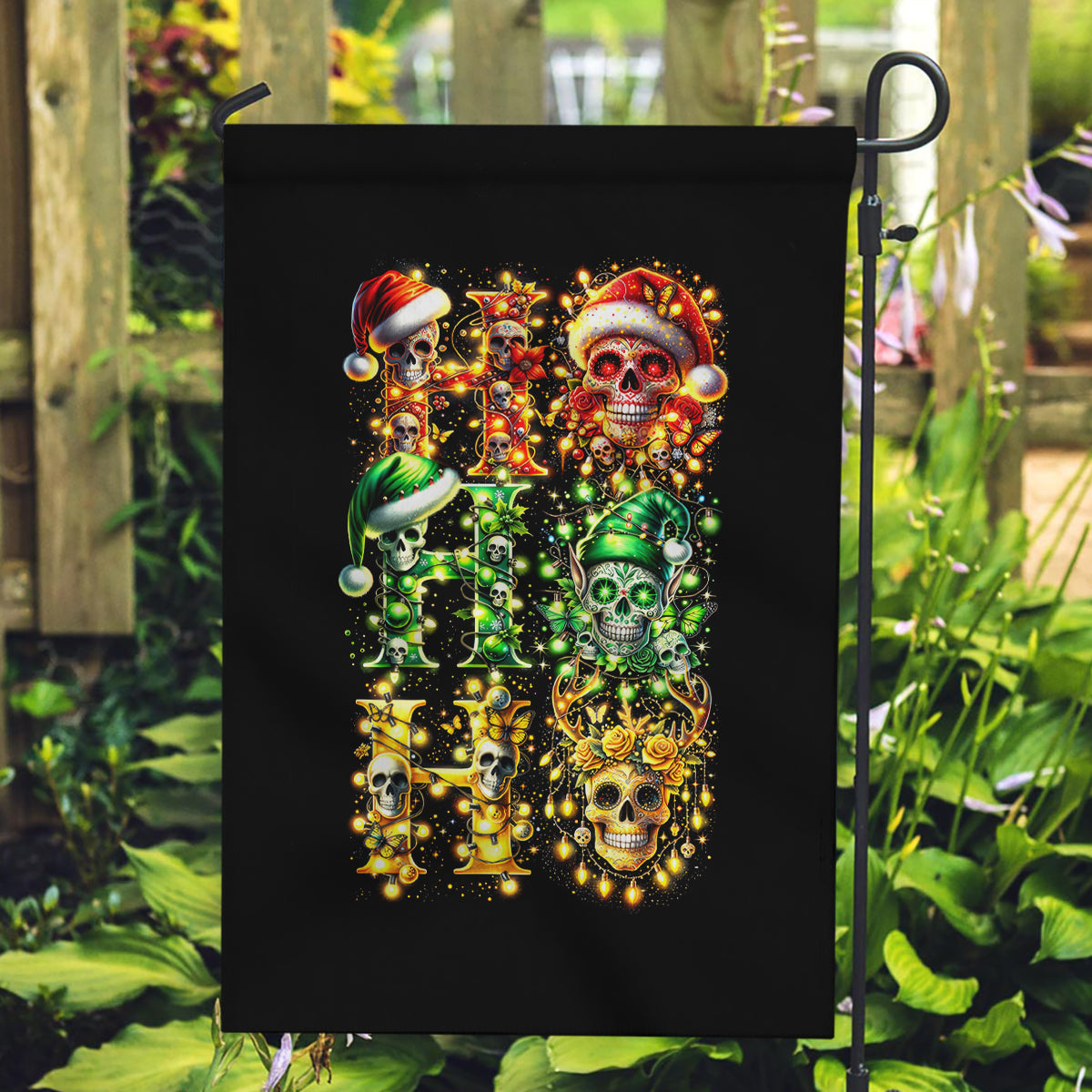 Sugar Skull Santa Garden Flag Sugar Skull Ho Ho Ho - Wonder Print Shop