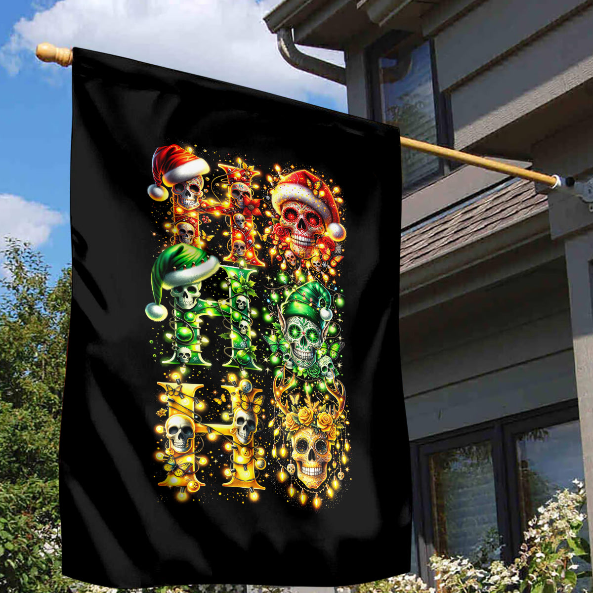 Sugar Skull Santa Garden Flag Sugar Skull Ho Ho Ho - Wonder Print Shop