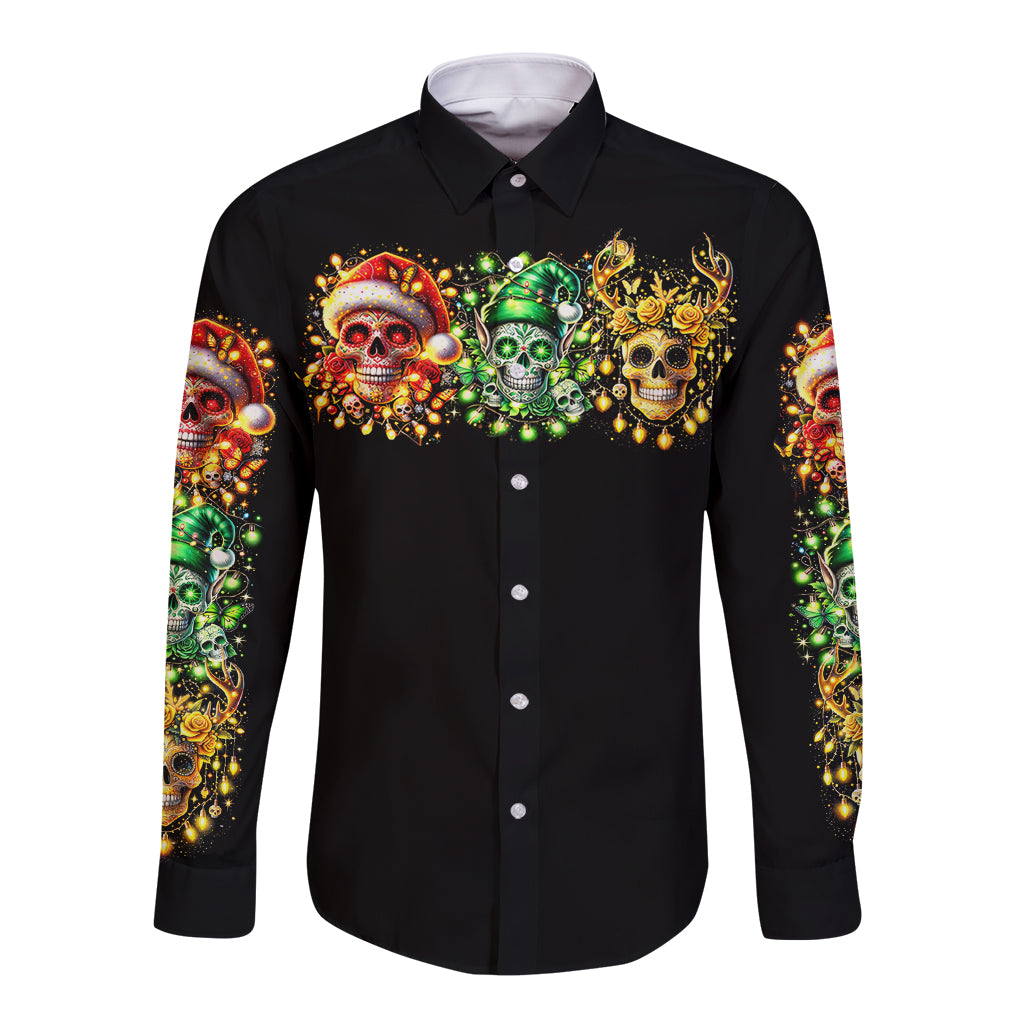 Sugar Skull Santa Long Sleeve Button Shirt Sugar Skull Ho Ho Ho - Wonder Print Shop