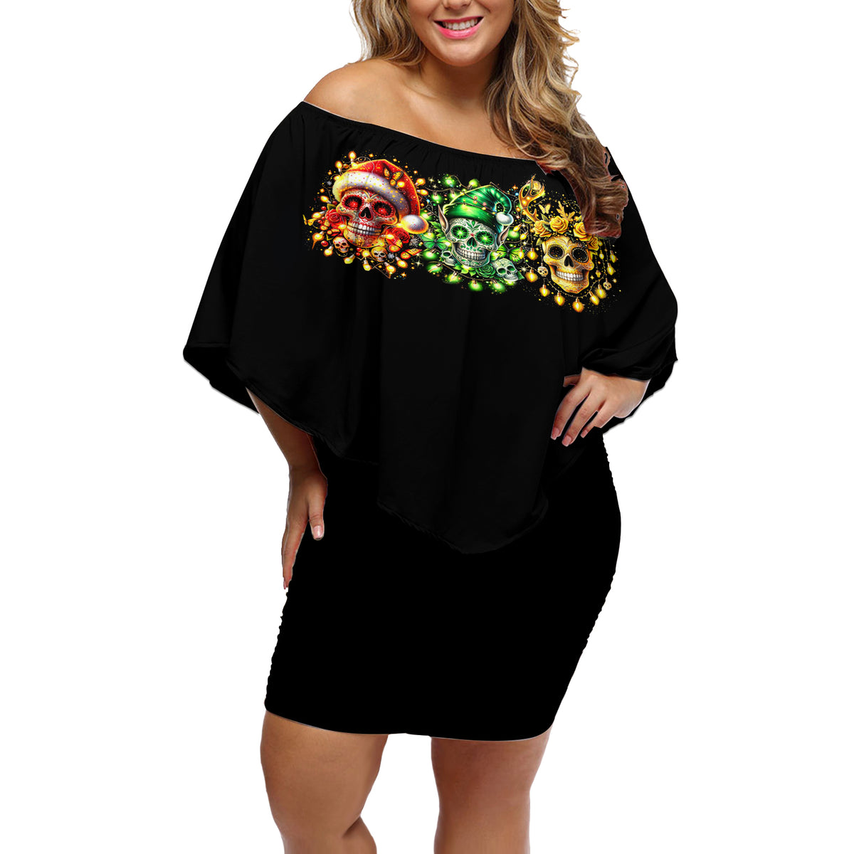 Sugar Skull Santa Off Shoulder Short Dress Sugar Skull Ho Ho Ho - Wonder Print Shop