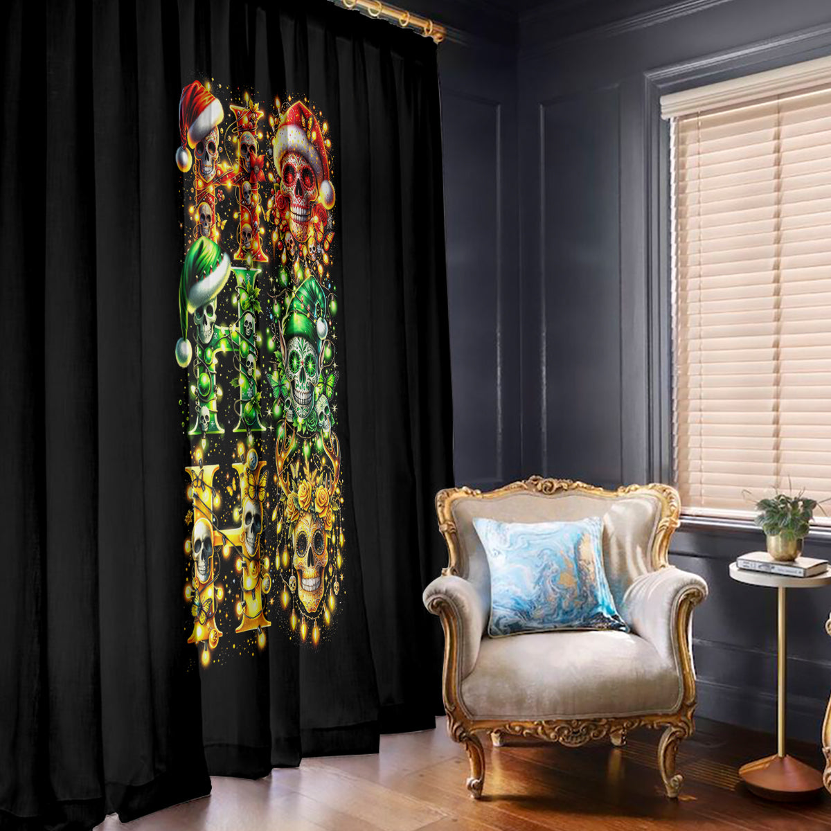 Sugar Skull Santa Window Curtain Sugar Skull Ho Ho Ho - Wonder Print Shop