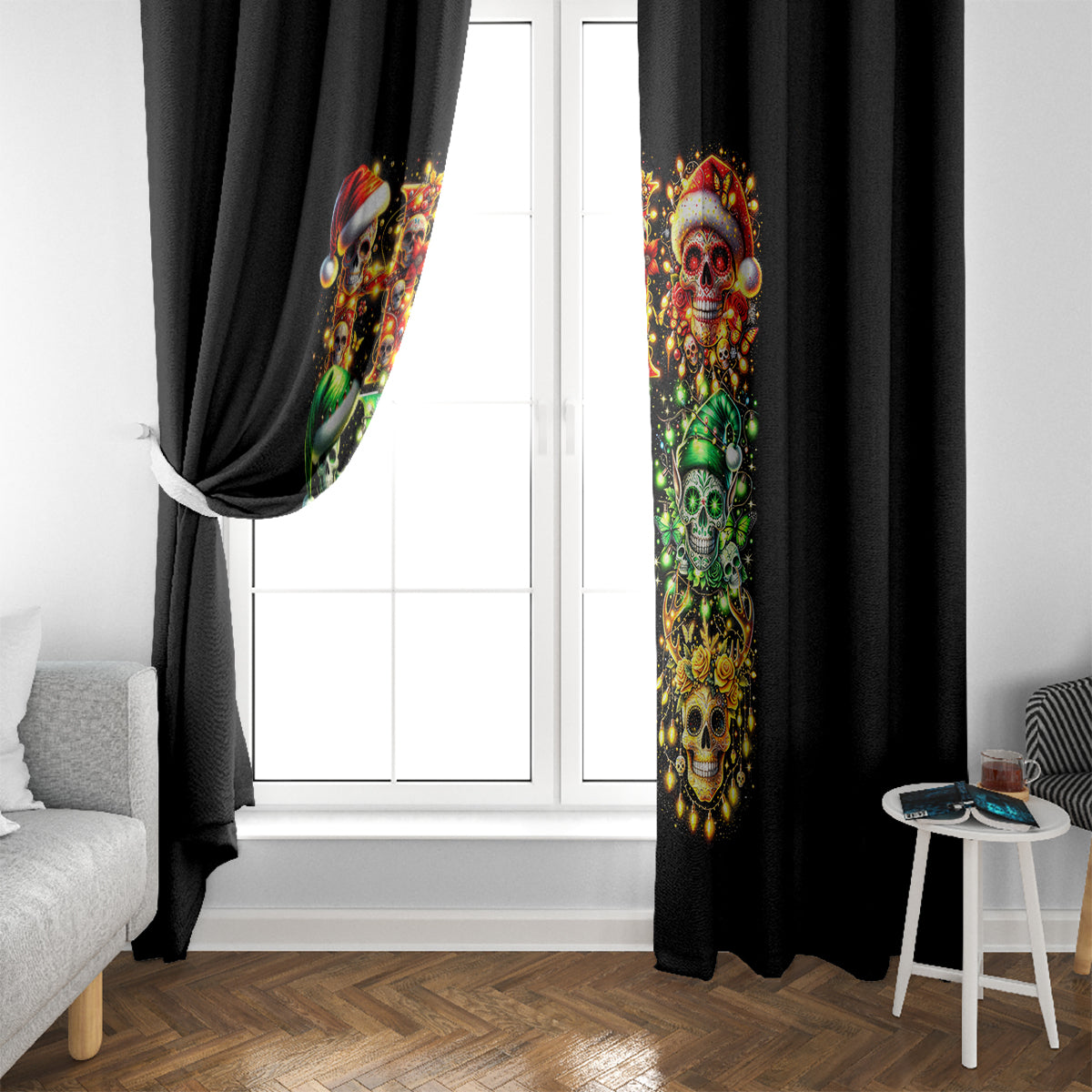 Sugar Skull Santa Window Curtain Sugar Skull Ho Ho Ho - Wonder Print Shop