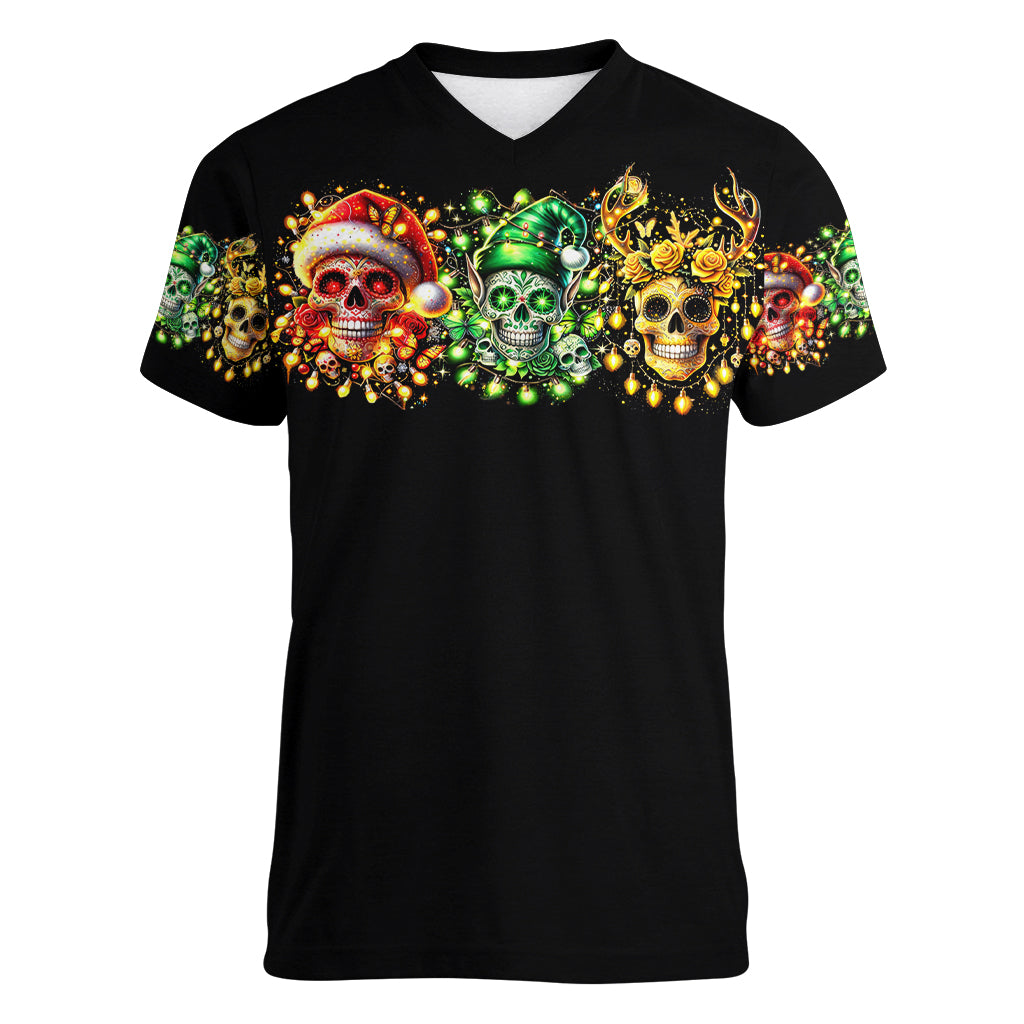 Sugar Skull Santa Women V Neck T Shirt Sugar Skull Ho Ho Ho - Wonder Print Shop