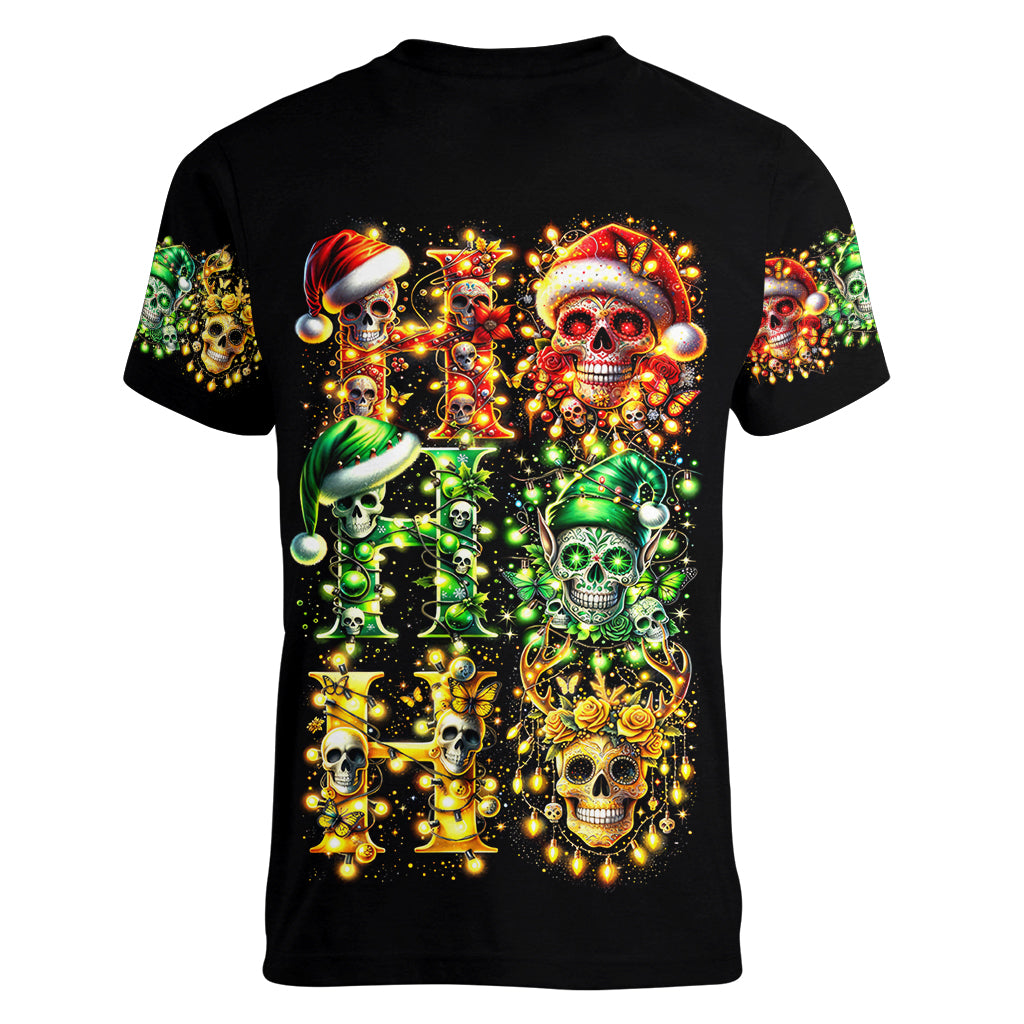 Sugar Skull Santa Women V Neck T Shirt Sugar Skull Ho Ho Ho - Wonder Print Shop