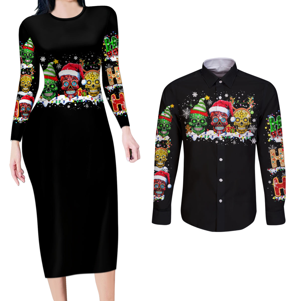 Skeleton Santa Claus Couples Matching Long Sleeve Bodycon Dress and Long Sleeve Button Shirt Sugar Santa Claus Ho Ho Ho - Wonder Print Shop