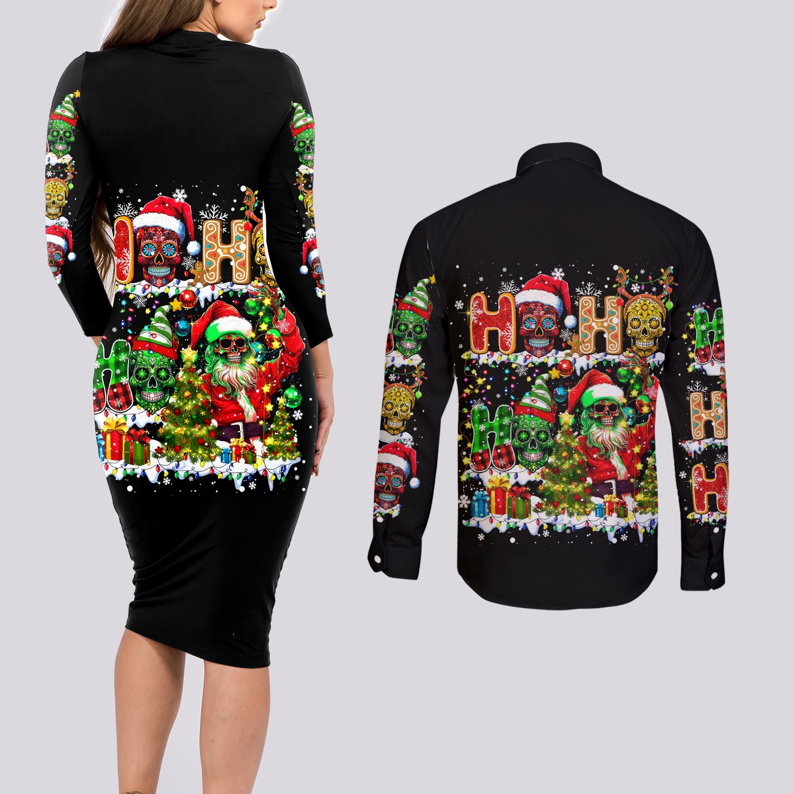 Skeleton Santa Claus Couples Matching Long Sleeve Bodycon Dress and Long Sleeve Button Shirt Sugar Santa Claus Ho Ho Ho - Wonder Print Shop